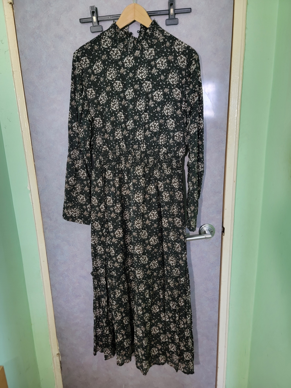 Maple & Cliff Long Sleeve Floral Maxi Dress in Dark Green and Cream